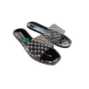 Steve Madden Womens Clear Black Jynn Studded Rhinestone Slide Sandals Size 8